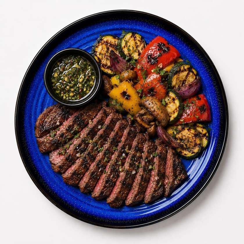 Flank steak, grilovaná zelenina, chimichurri omáčka + polievka v cene