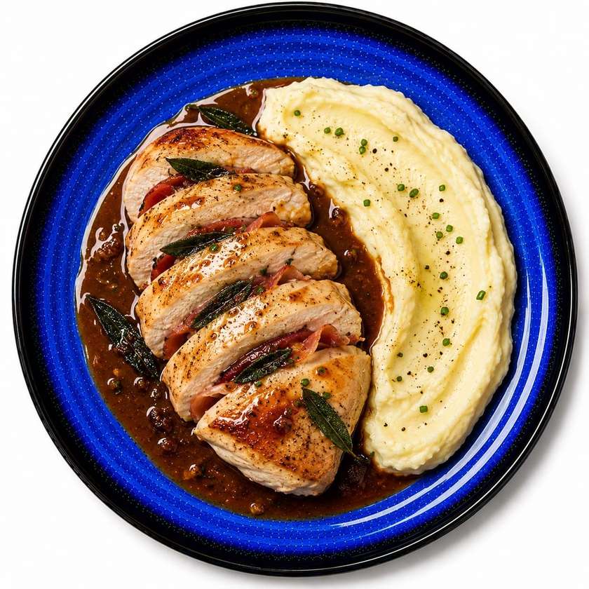 300 g Kuracia saltimbocca, demi glace, zemiakovo-zelerové pyré + polievka (v cene)