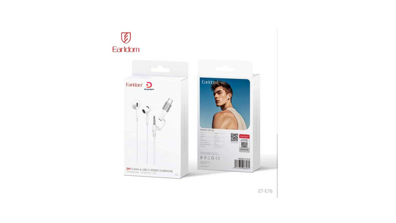 #219D-2#Earldom®ET-E76 in-ear headphones with a microphone, 2in1 connector  Type C+3.5mm jack, white