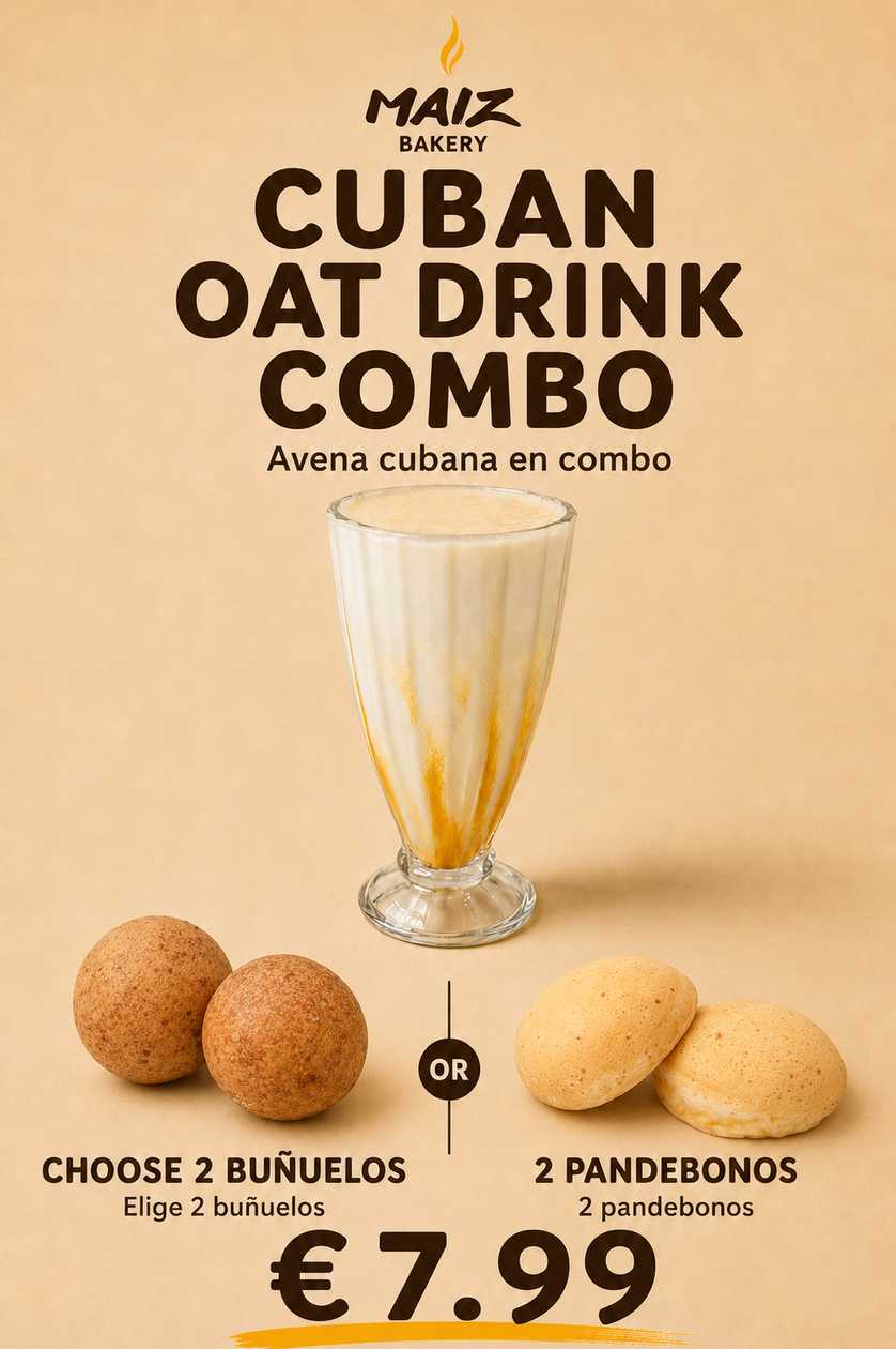 Cuban Oat Drink Combo – 2 Buñuelos or Pandebonos/Combo Avena Cubana – 2 Buñuelos o Pandebonos.