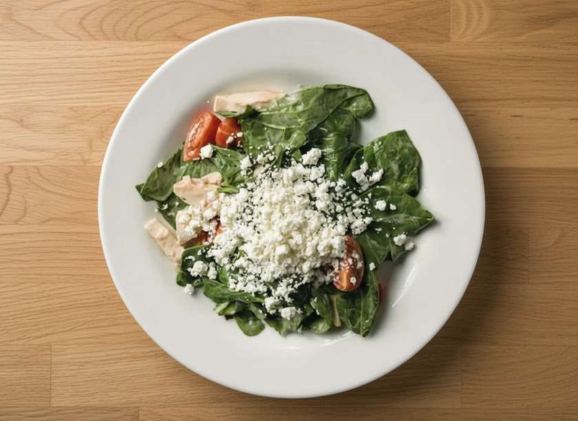 Salad with chicken, spinach and young brynza cheese
