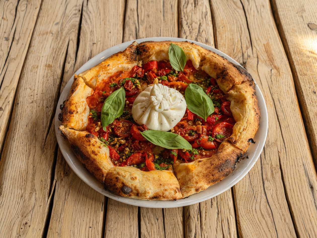 Pizza with farm-style burrata, roasted sweet pepper, and a mix of tomatoes