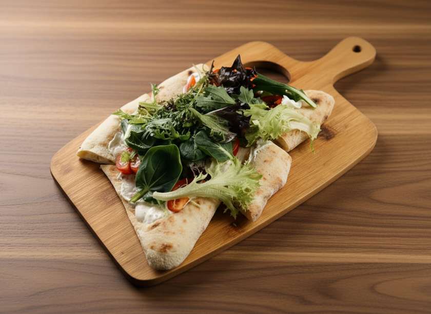 Focaccia with ricotta cheese, cherry tomatoes and mix of herbs