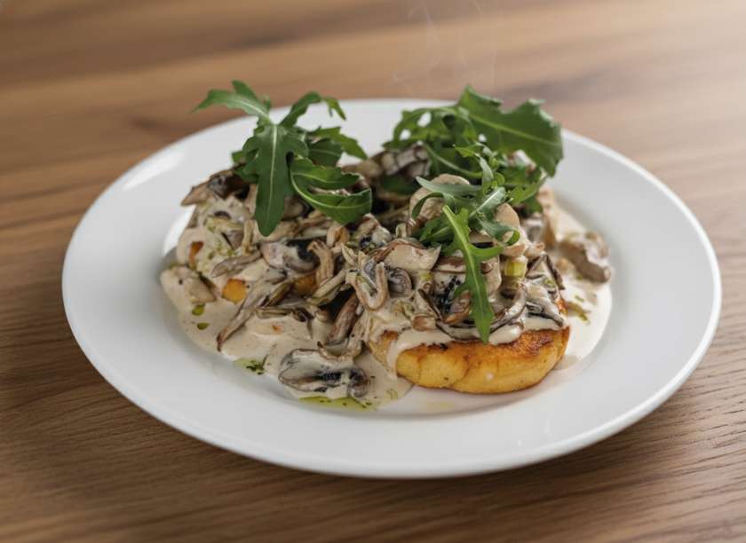 Polenta with chicken and mushrooms in creamy sauce