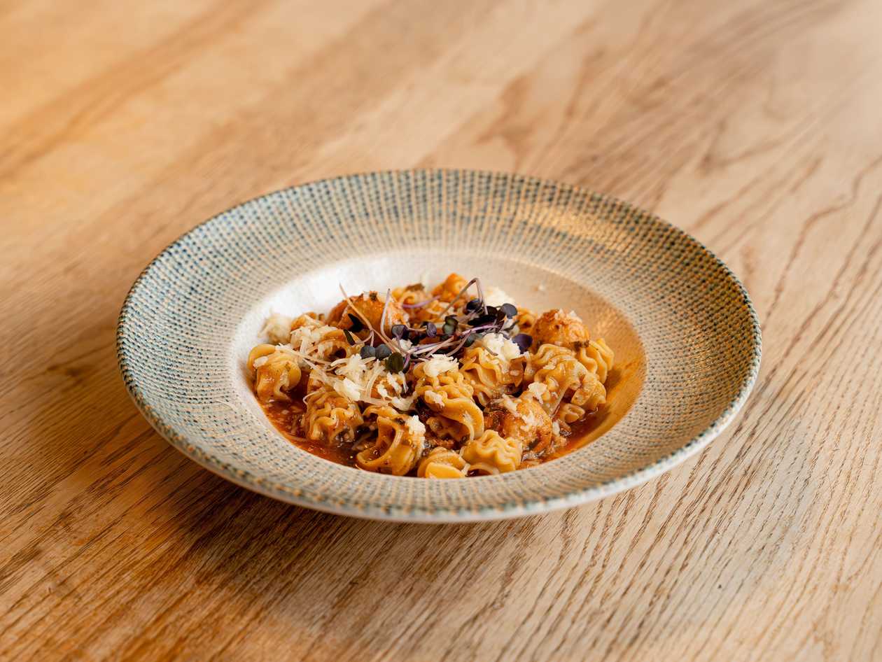 Radiatore with chicken meatballs and tomato sauce