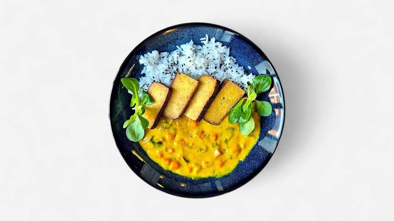 Zeleninové kari, kokosové mlieko, tofu, basmati ryža + polievka (v cene)