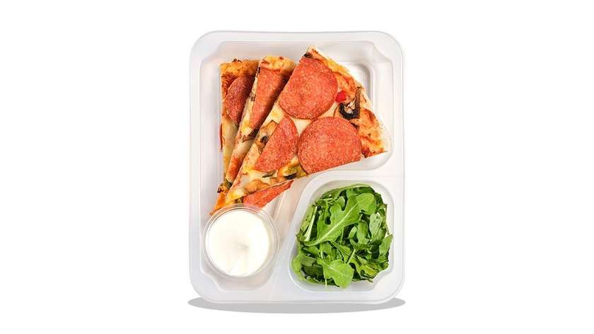 Pinsa with salami, peppers, and mushrooms