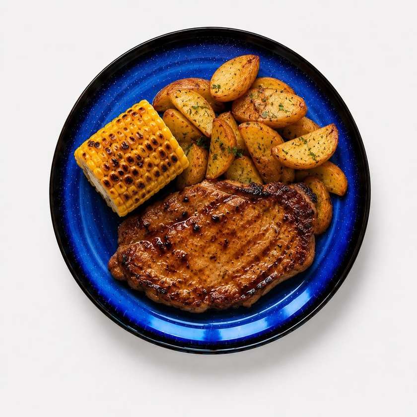 Steak z bravč. krkovičky v med.-horčicovej marináde,  zemiaky, gril. kukurica + polievka (v cene)
