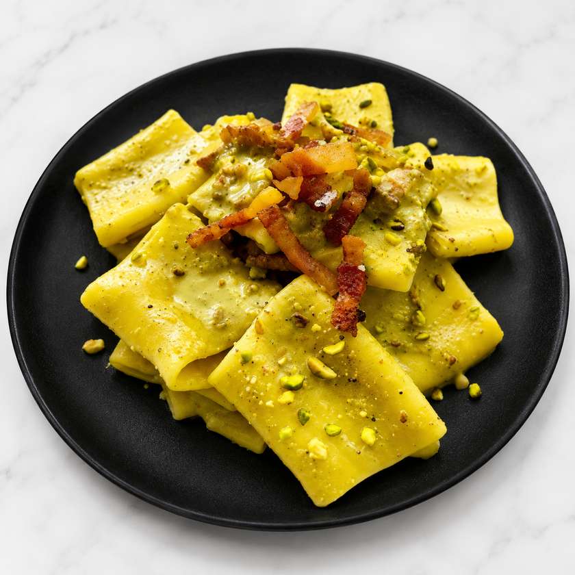 PACCHERI PANCETTA E PISTACCHIO