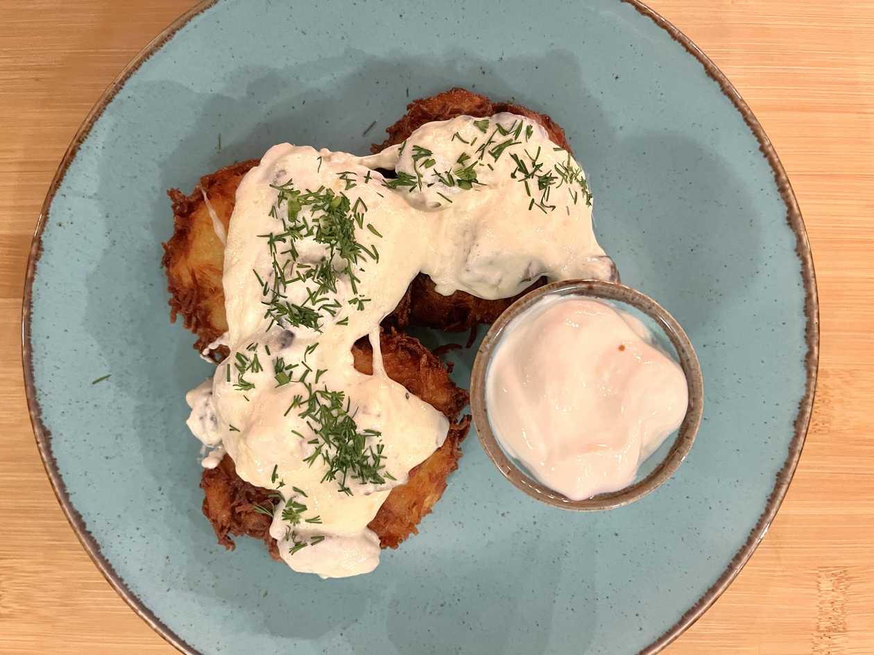 Potato Pancakes with Cheese and Mushrooms + Drink