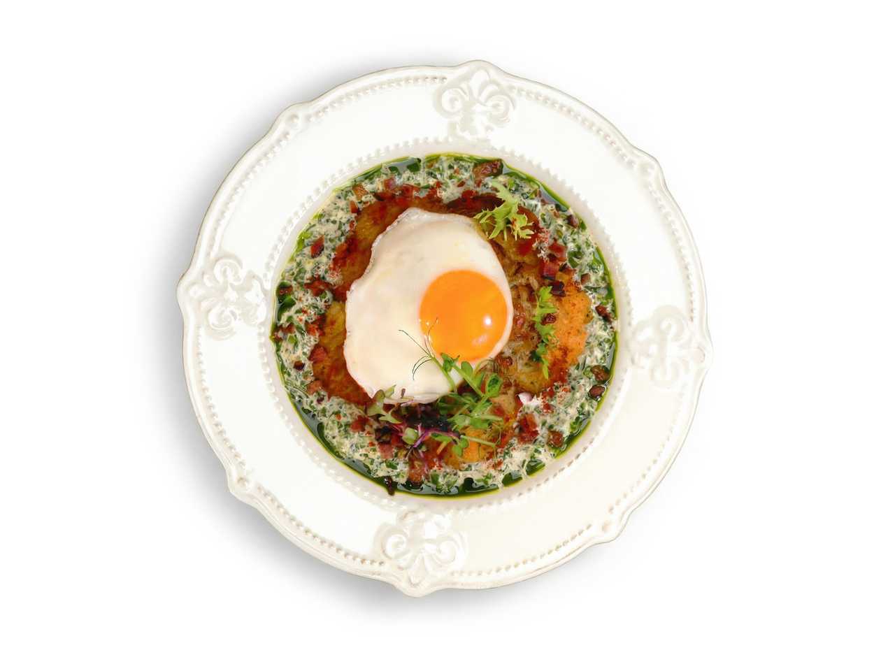 Hash browns with egg and smashed cutlet