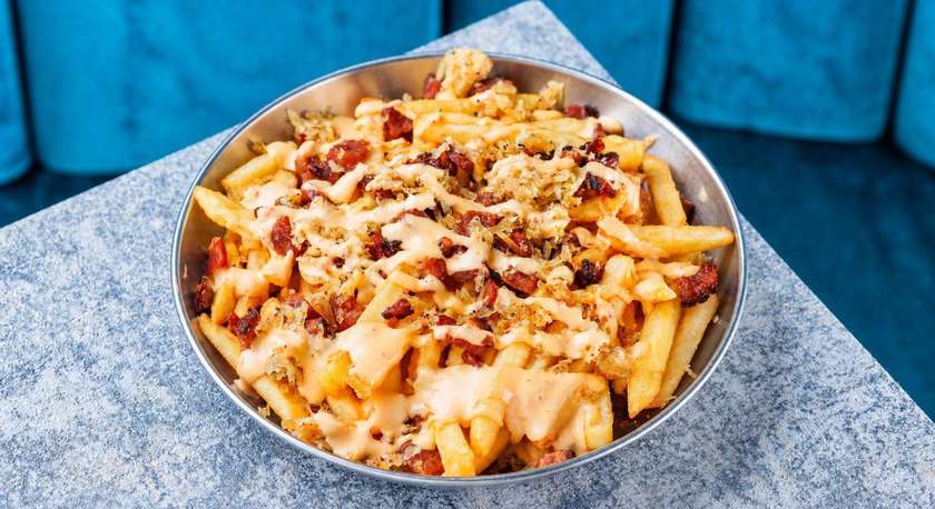 FRIES WITH MATSIMOKA GARLIC LARDO, SRIRACHA MAYO AND GARLIC CHEESE