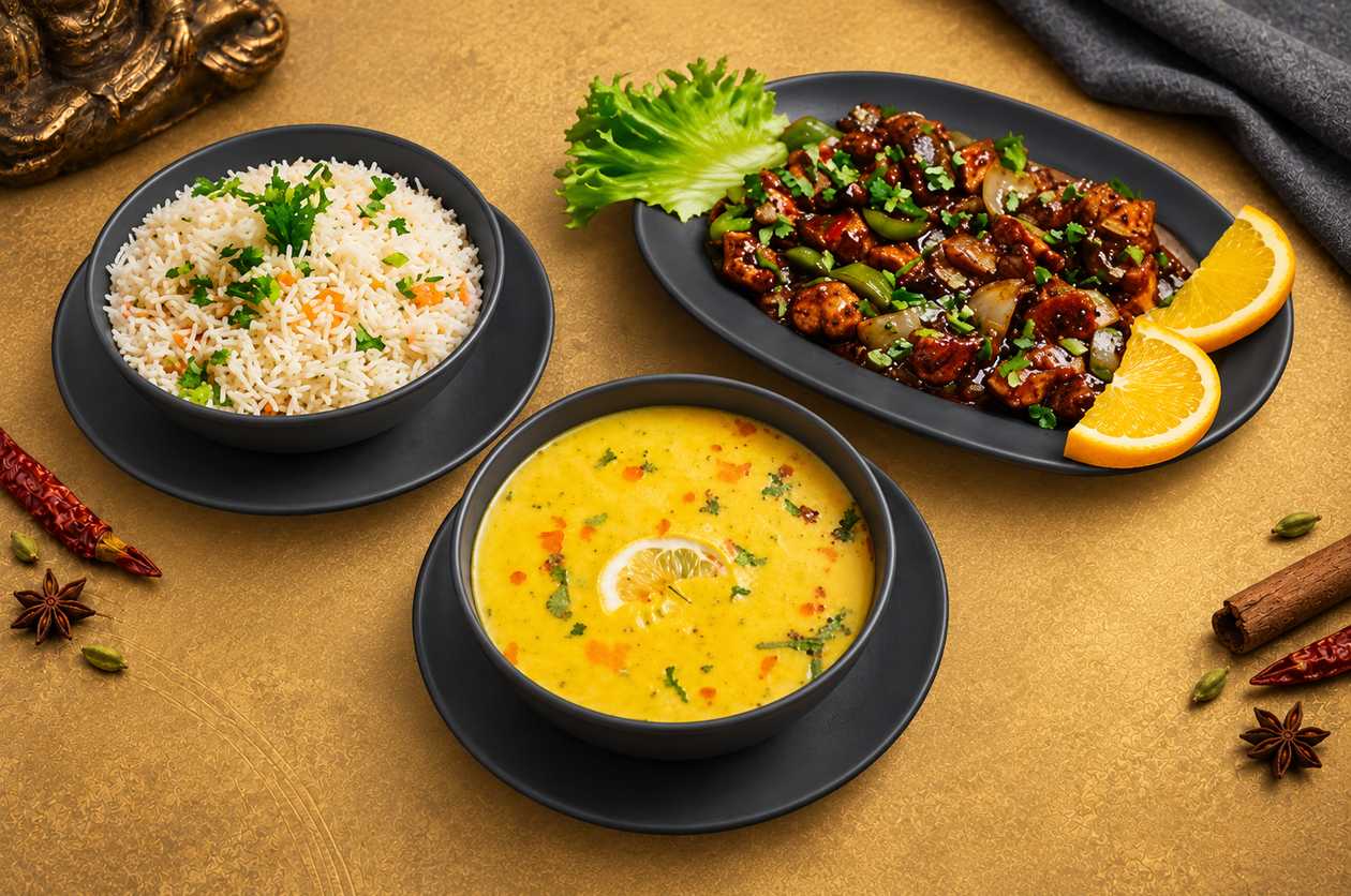 Chicken Black Pepper (*) + Coconut Lentil Soup (Vegan) + Rice