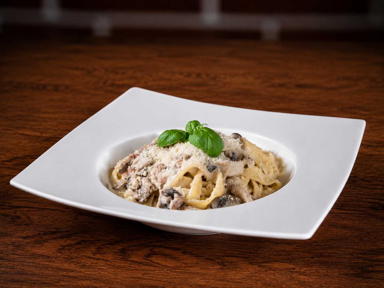 Tagliatelle con Funghi e Pancetta