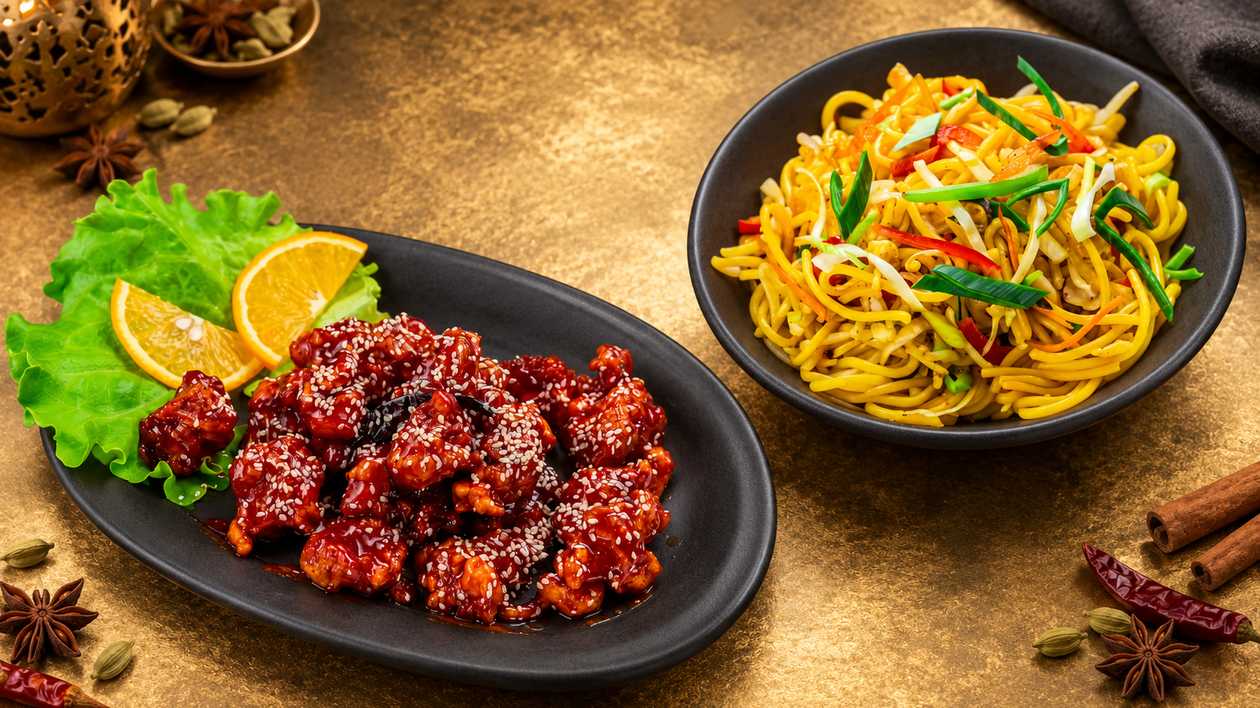 Honey Chicken, Chicken Noodles & Cheese Naan
