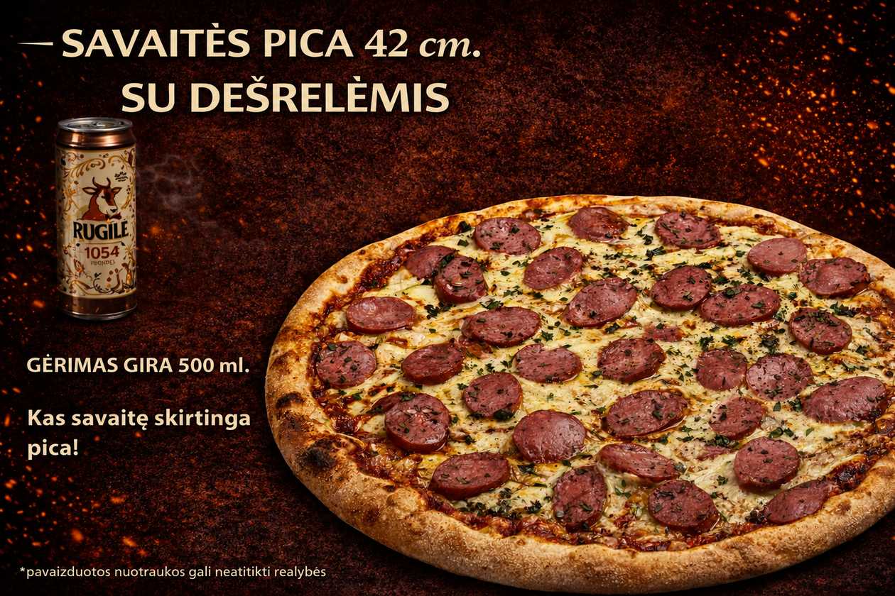 Su dešrelėmis pica 42 cm + gėrimas Gira 500 ml.