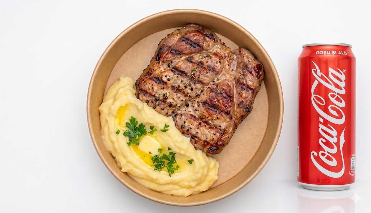 MENIU Ceafa de porc la gratar, garnitură și bautură răcoritoare