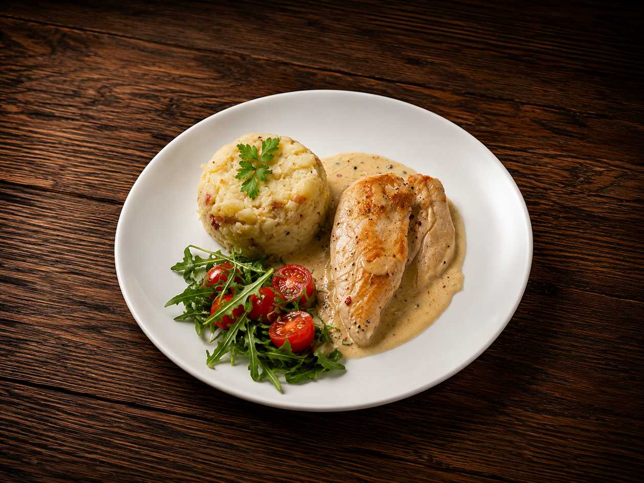 Kuřecí steak(200g) s pepřovou omáčkou a šťouchanými bramborami