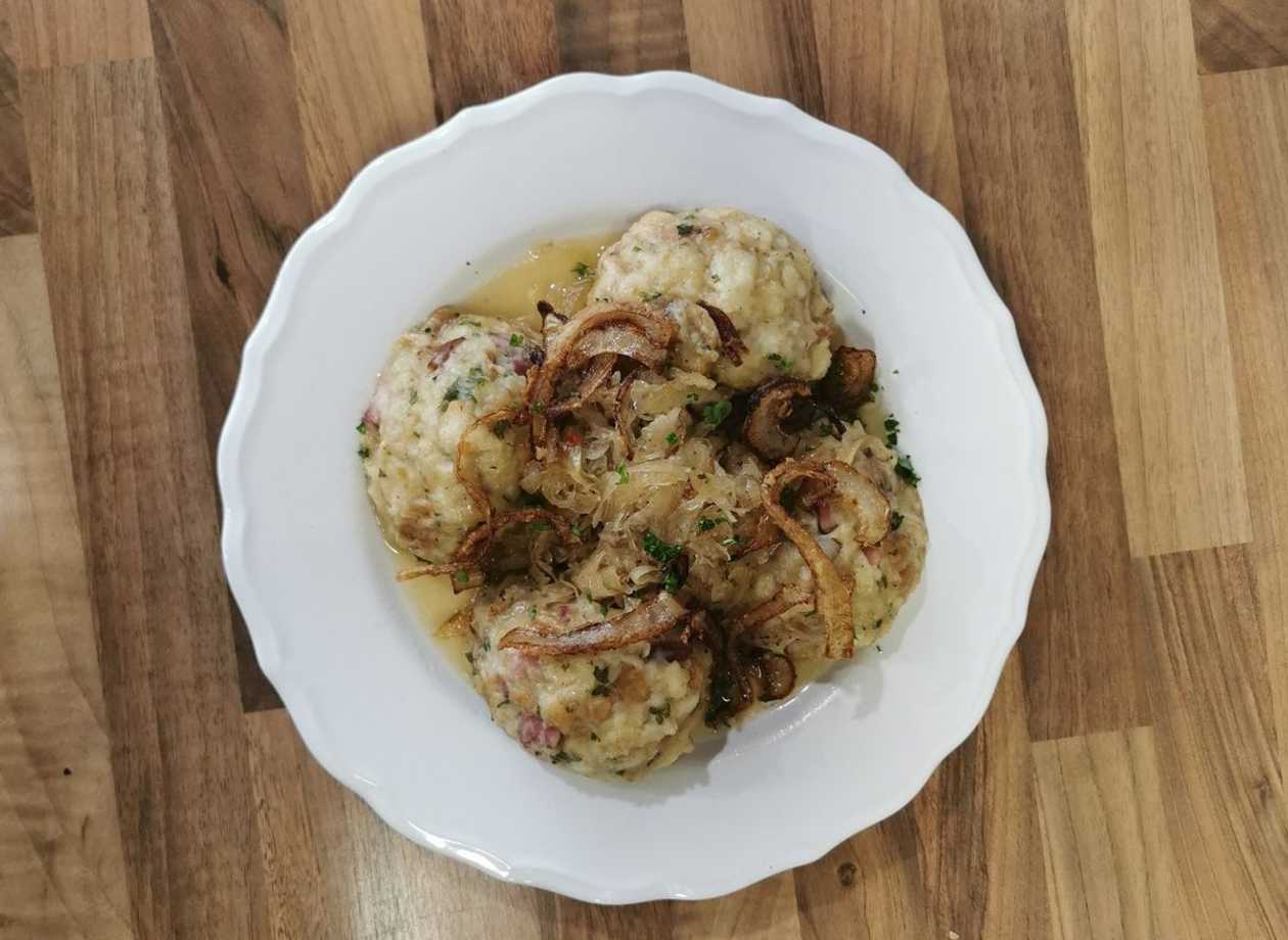 Bacon Dumplings with Sauerkraut and Onion