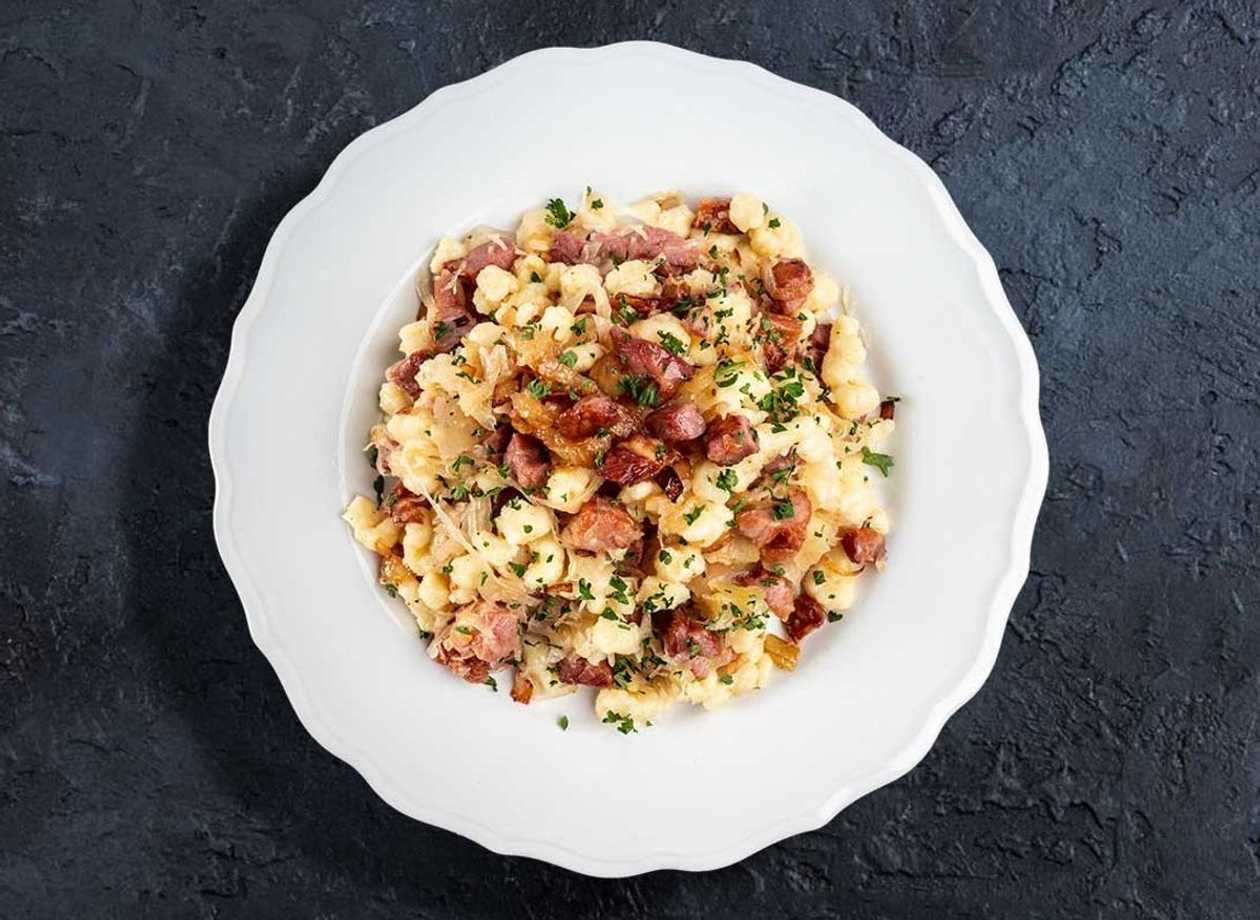 Halušky (Potato Dumplings) with Smoked Meat and Cabbage