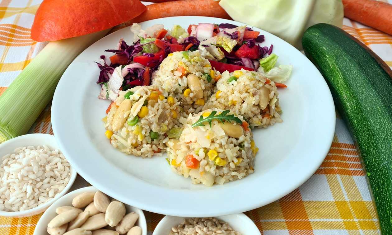 Amaranth Risotto with Vegetables, Almonds, and Salad
