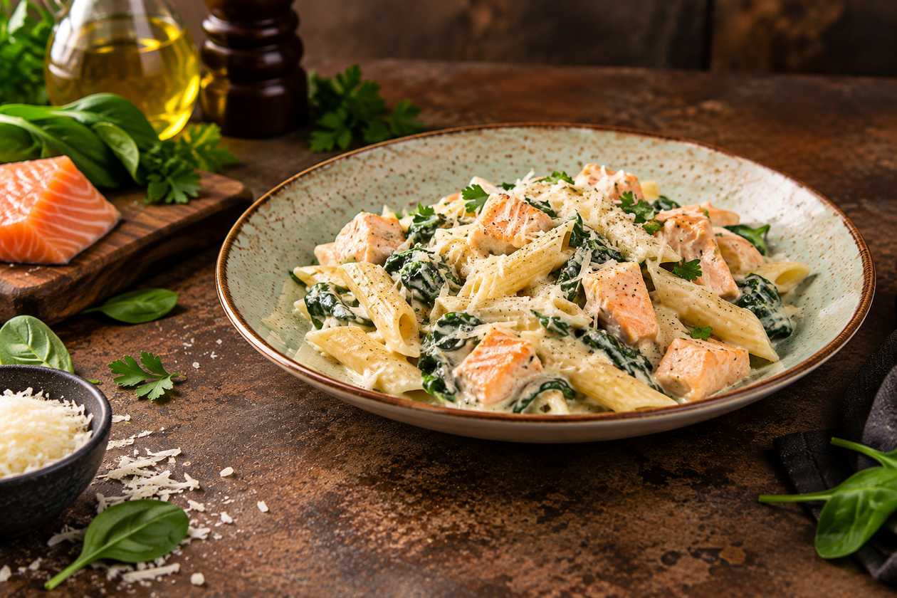 Penne salmone spinaci