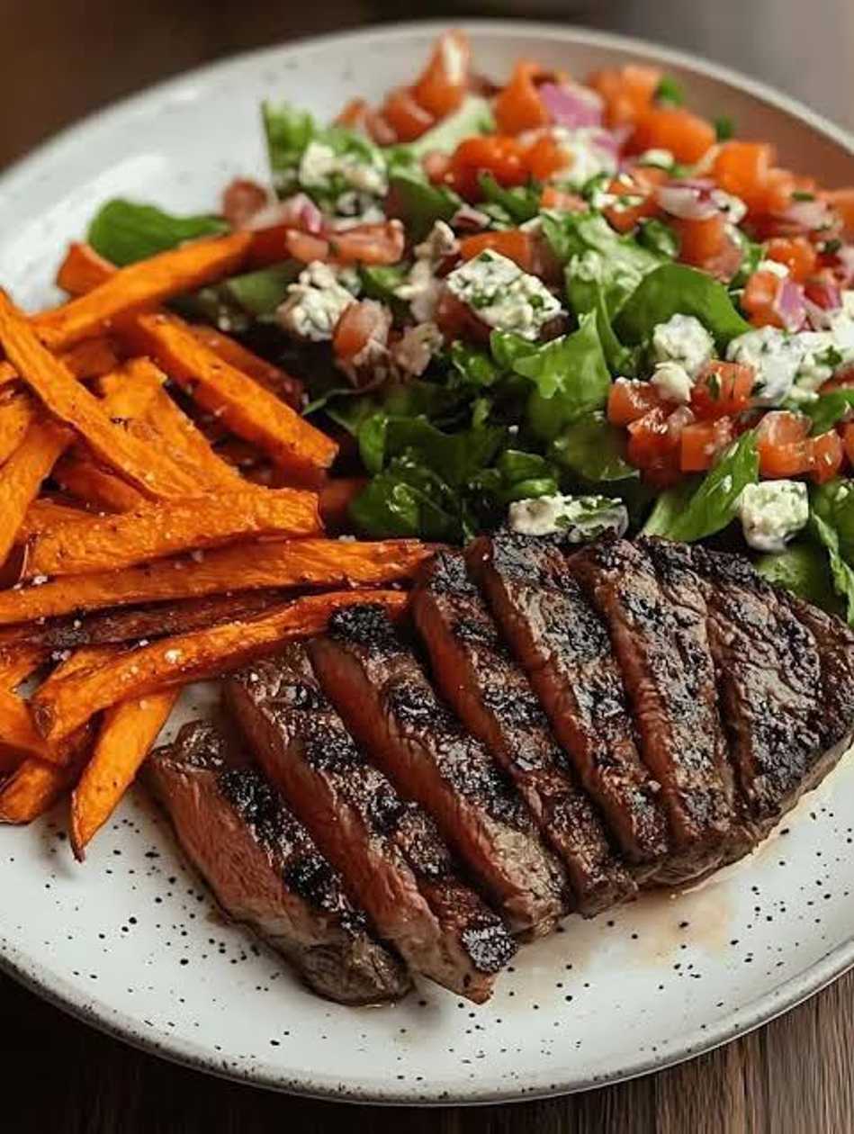 Boston steak with fresh salad and sweet potatoes fries
