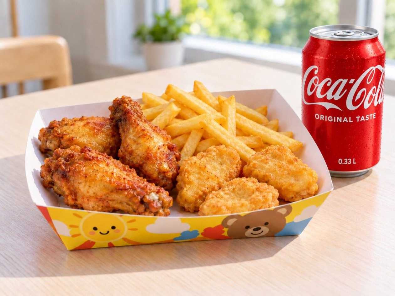 Kids’ combo: 3 wings + 3 nuggets + fries + 0.33 l drink