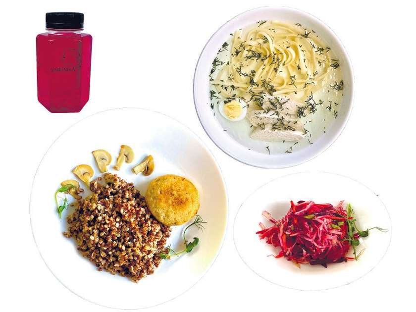 Lunch Set #9: Broth, buckwheat porridge, fish patty, salad (Mon-Fri, 12:00 PM - 4:00 PM)