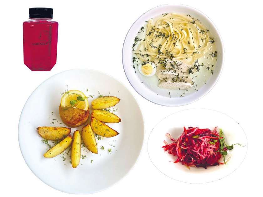 Lunch No. 5: Broth, potatoes, fish patty, salad (12:00-16:00 Mon-Fri)