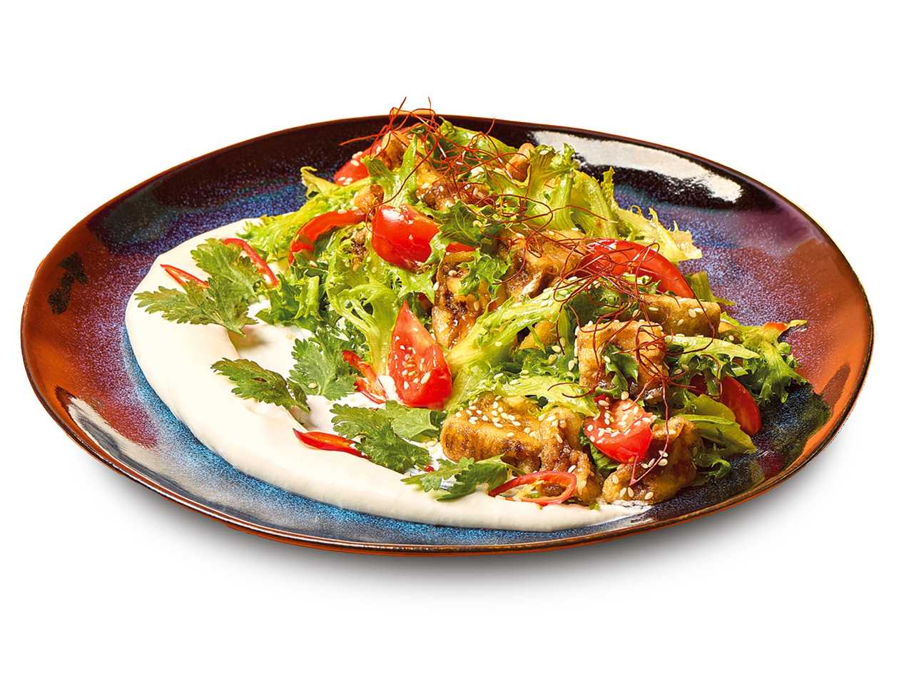 Crispy Thai eggplant salad with feta mousse