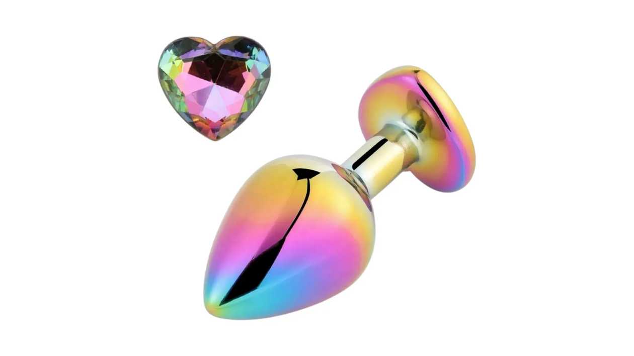 Rainbow Metal Buttplug - Dúhový análny kolík s kryštálom L