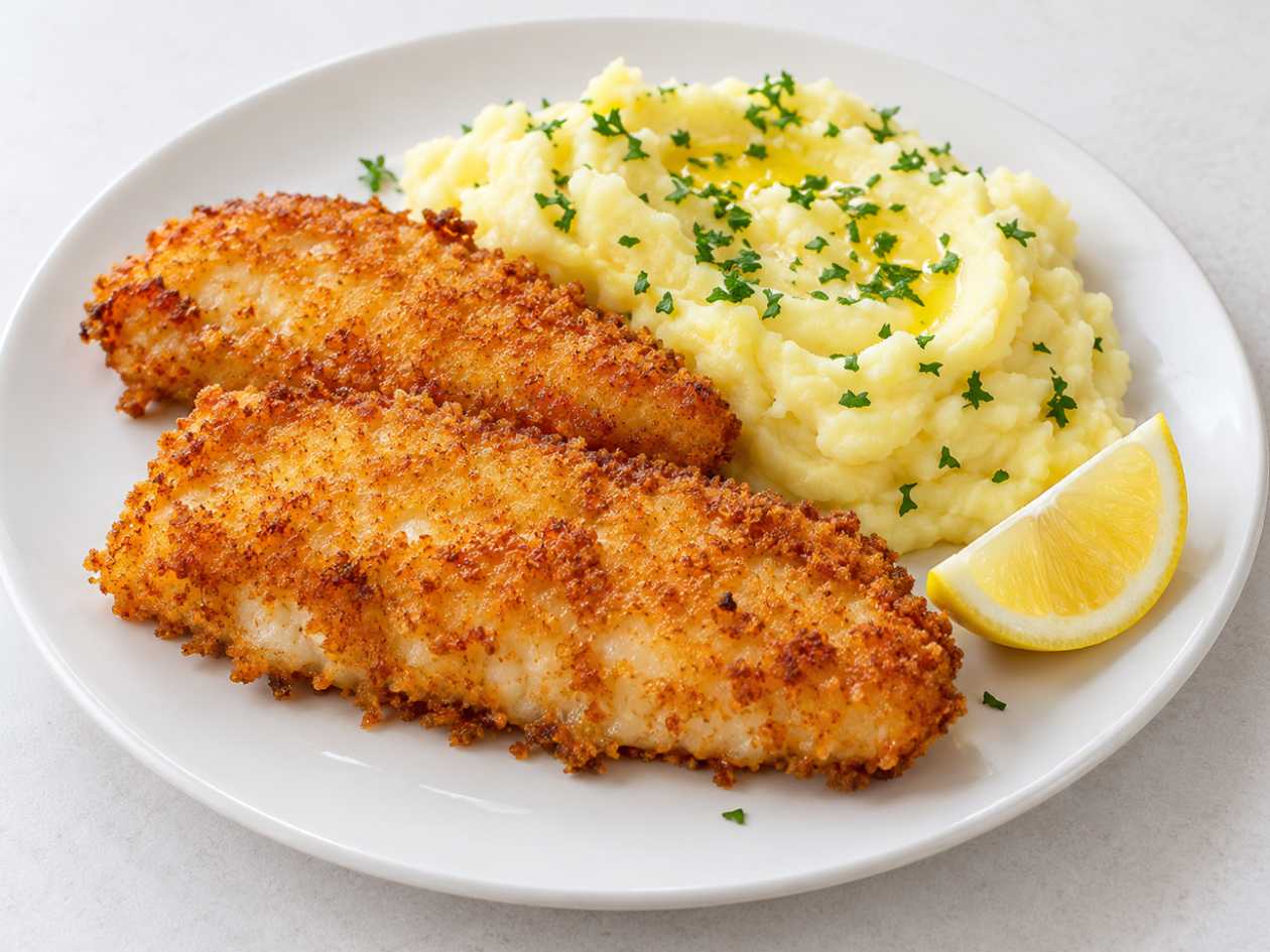 Smažená ryba, bramborová kaše