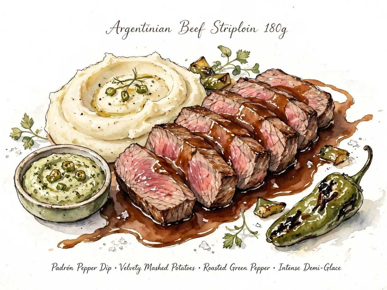 Manzo argentino, peperoni  Padrón e demi-glace