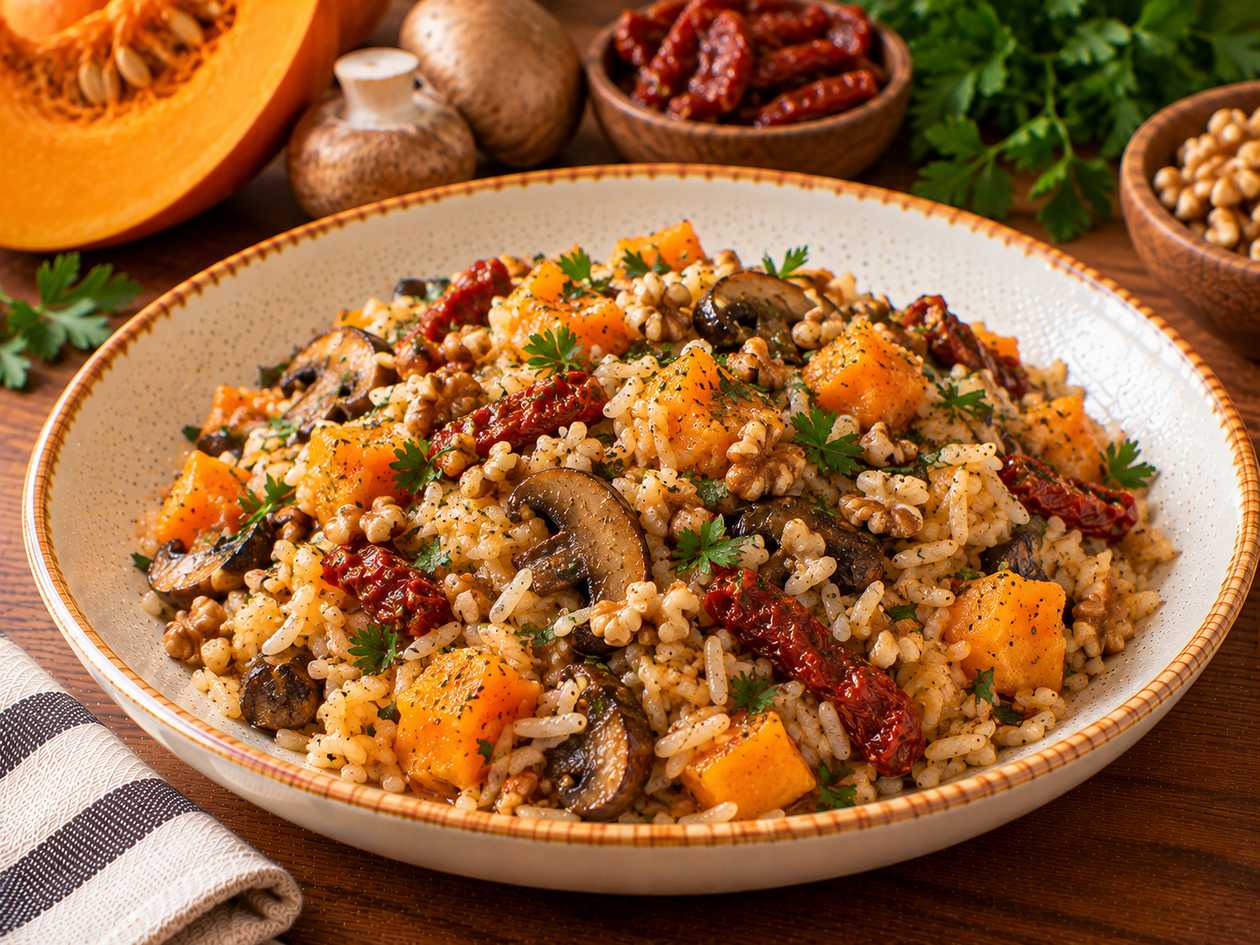 Rice with Pumpkin, Mushrooms, Walnuts, and Sun-dried Tomatoes