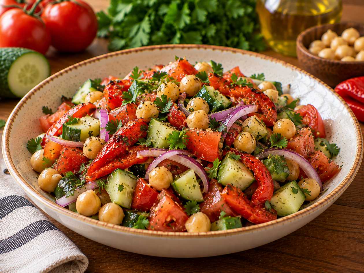Arabic Salad with Tomatoes, Cucumber, Roasted Peppers, Chickpeas, Red Onion, and Parsley (300g)