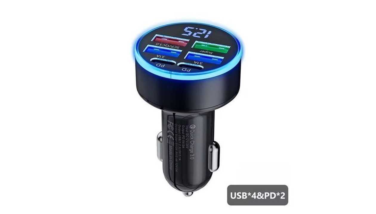 6 x Port Fast Charging (USB & Type-C) - Car Charger with Voltage Display