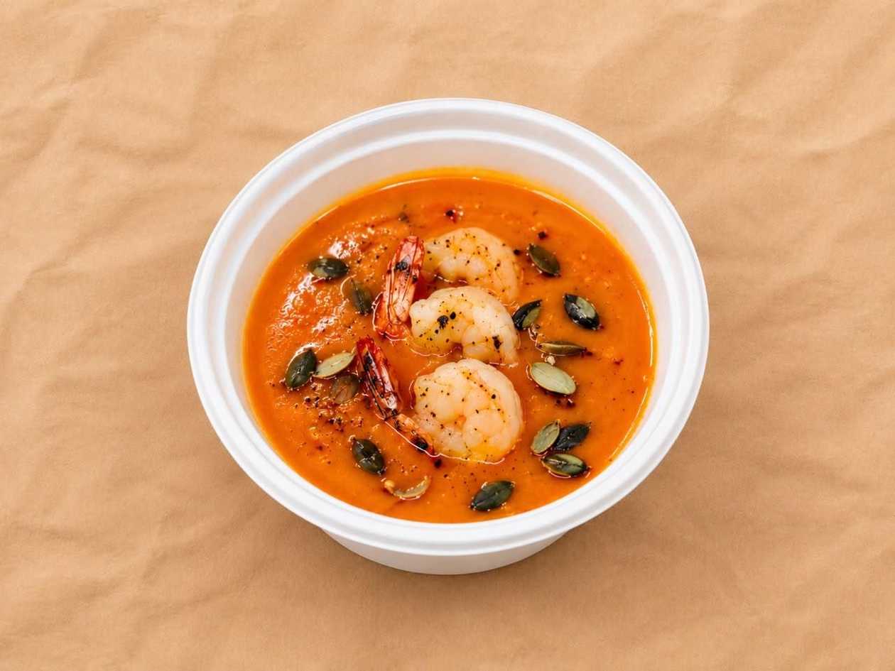 Pumpkin Cream Soup with Roasted Shrimp