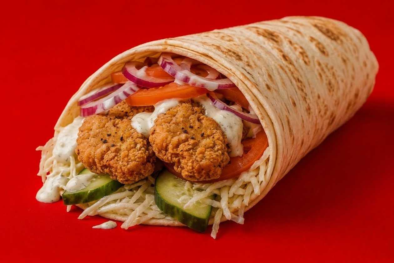 Kebabas lavaše su traškiais vištienos gabaliukais