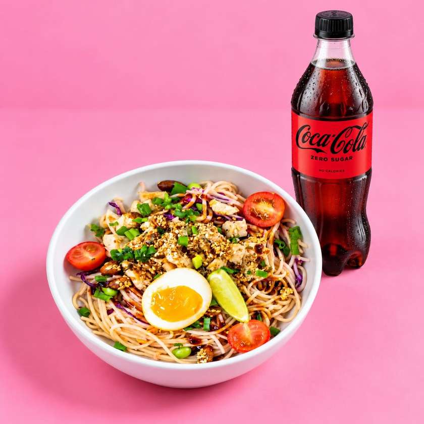 Teriyaki nuudlikauss kanaga + coca cola zero